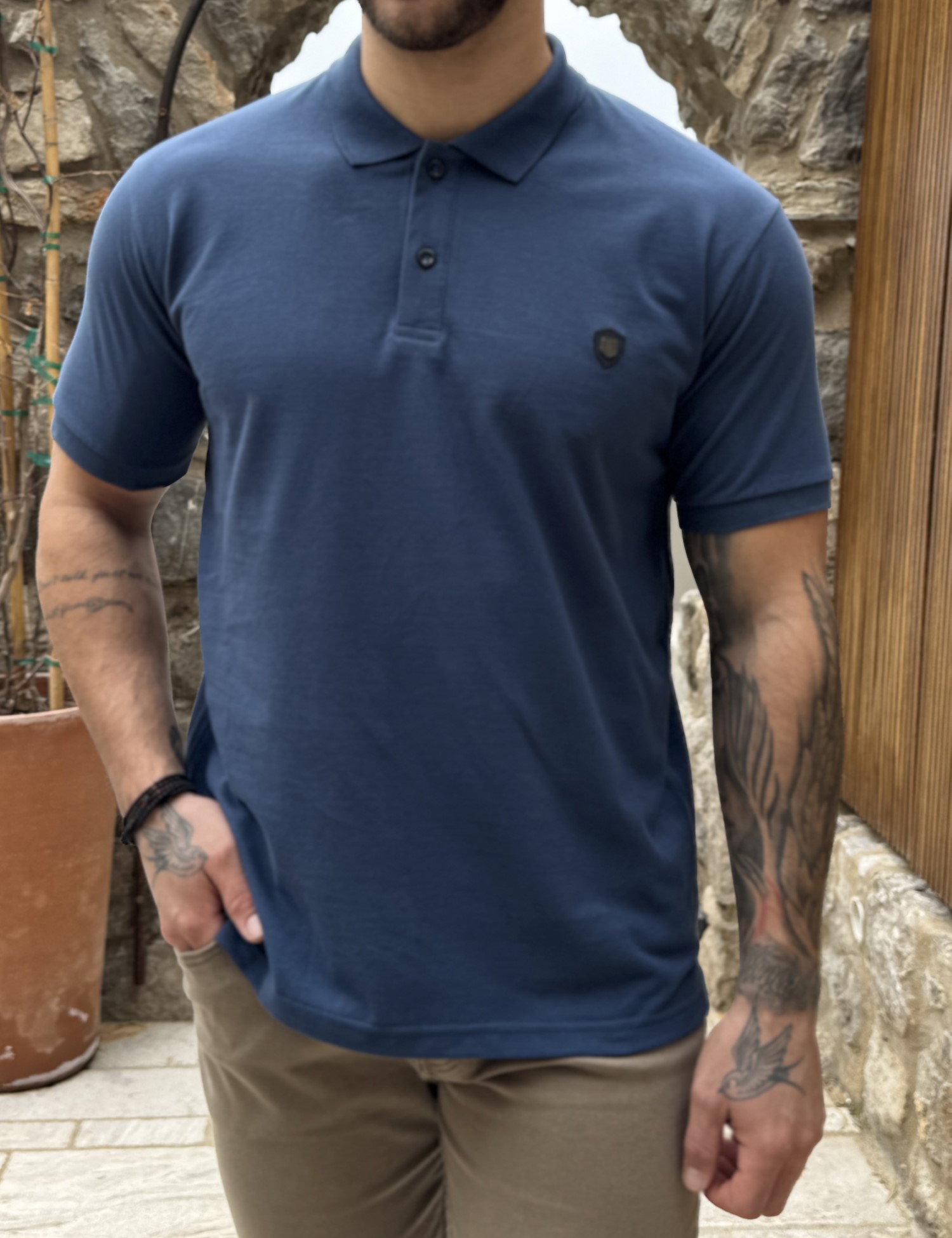 Everbest ανδρική μπλε Indigo πικέ Polo μπλούζα Plus Size 262839I